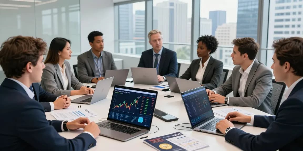Investors discussing strategies to buy BRICS coins in a modern conference room environment.