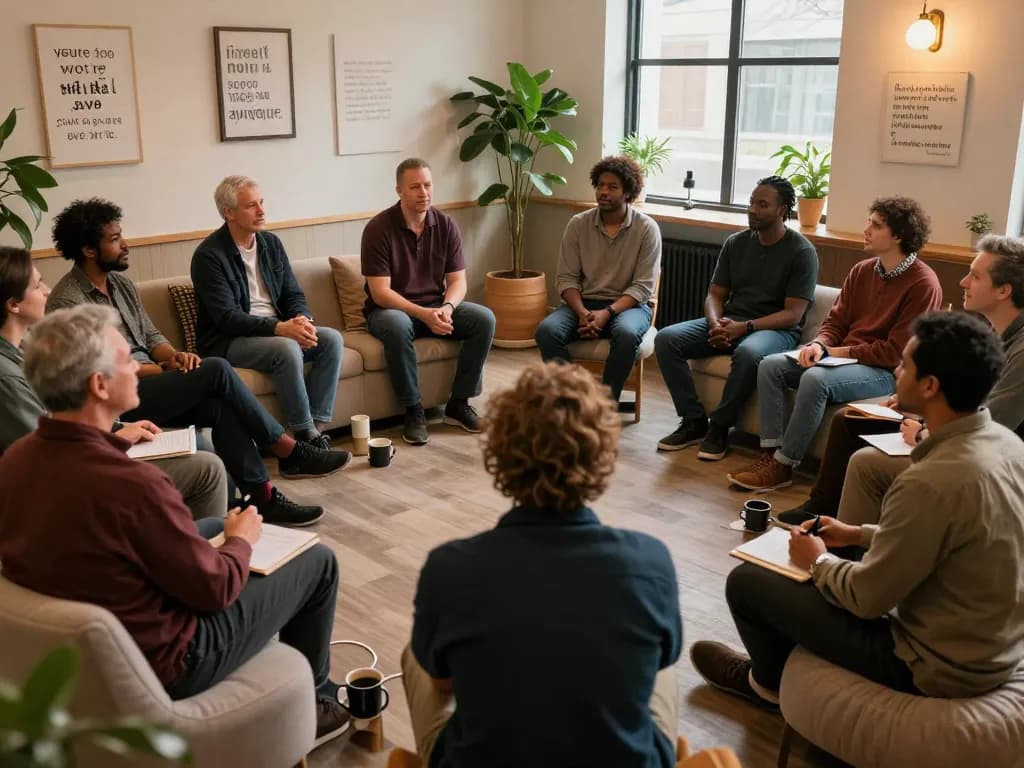 A supportive ManClub gathering with men sharing stories in a cozy space, fostering connection and mental health.