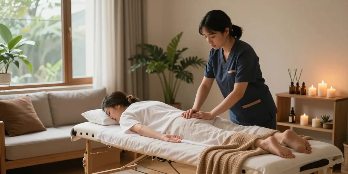 Professional therapist setting up for 수지출장마사지 in serene home environment with candles and aromatherapy oils.