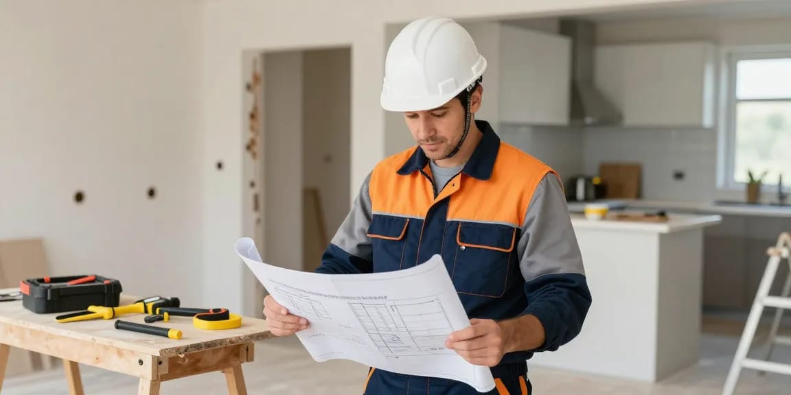 "Trusted local contractor reviewing blueprints at a home renovation site, ensuring quality service for linkvip66."