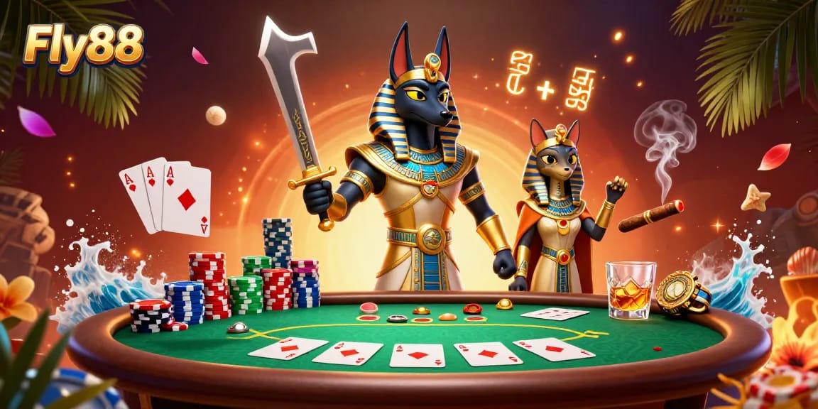Fly88 engages players with a vibrant poker scene featuring Anubis and Bastet in a richly detailed casino.