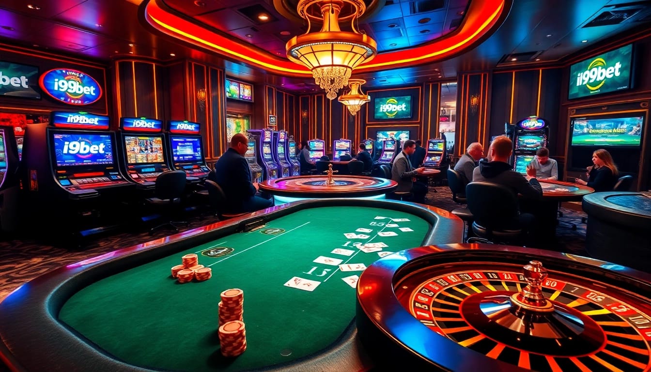 Players enjoying a thrilling game at i9bet's luxurious casino, showcasing poker and roulette excitement.