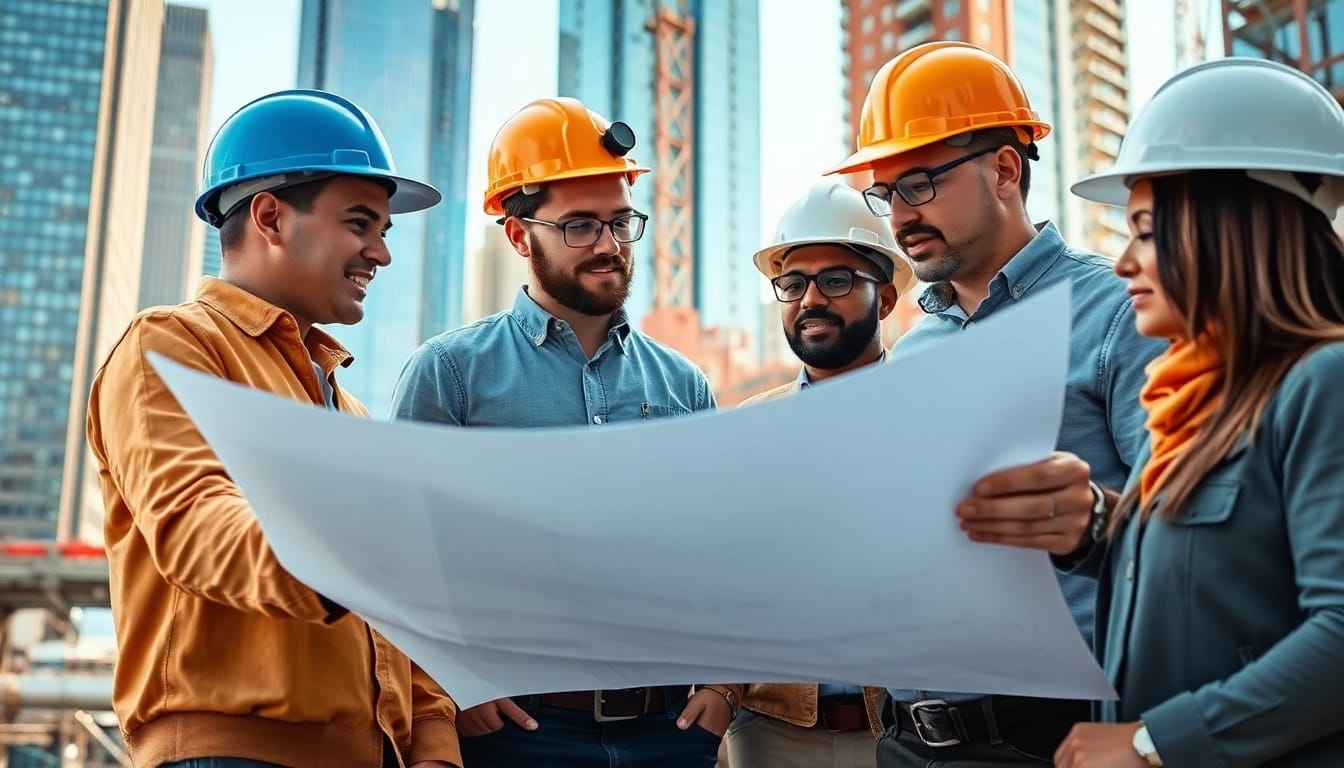 Experienced New York City General Contractor reviewing plans with a diverse team at a construction site.