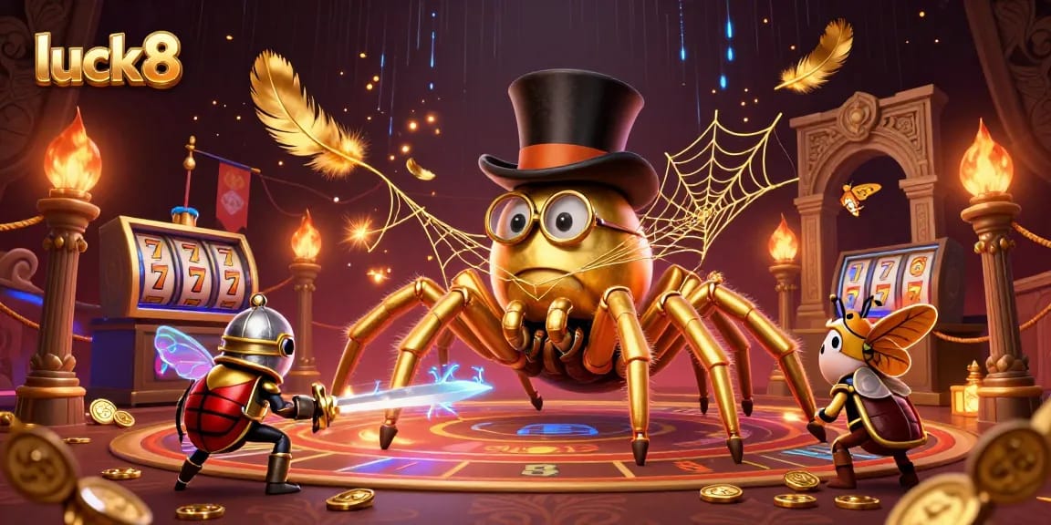 Experience thrilling gameplay with luck8, featuring a golden tarantula and beetle knight in a vibrant casino scene.