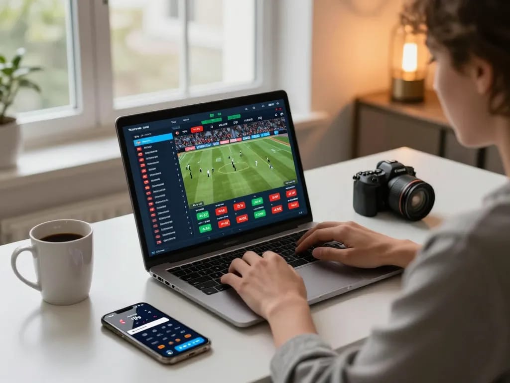 Person engaging in live sports betting on the debet platform with laptop and phone in modern home office.