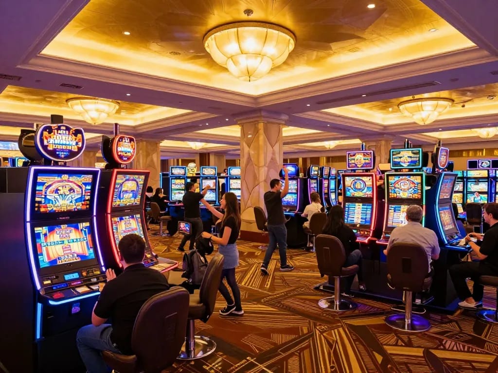 Players enjoying the lucky88 slot machine amid an energetic casino atmosphere