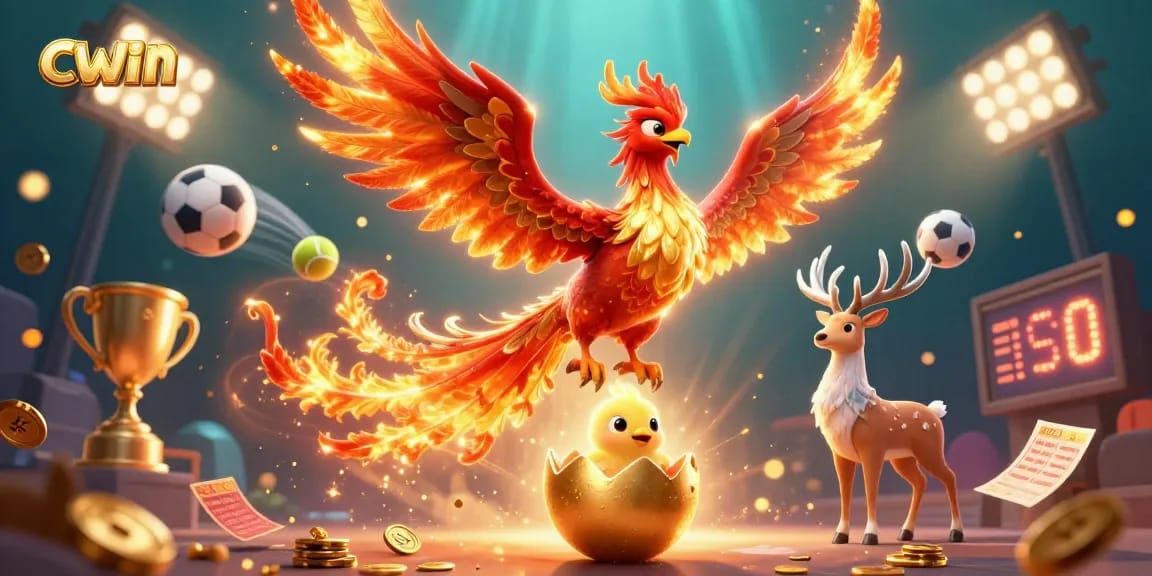 CWIN presents a vibrant casino scene with a phoenix and sporting elements, showcasing betting excitement.