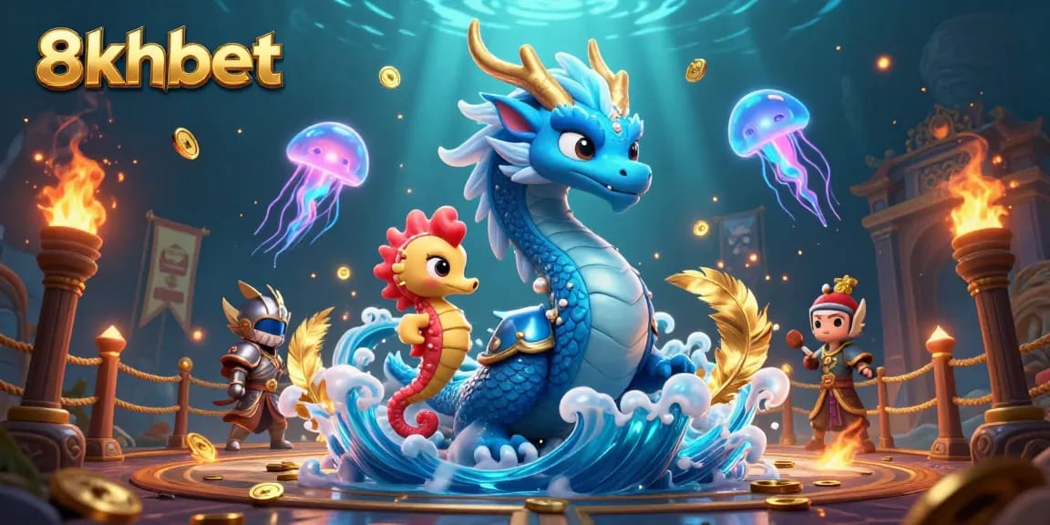 Engage with 8xbet's thrilling adventure featuring a dragon, seahorse, and floating jellyfish in a vibrant casino scene.