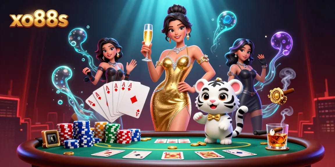 Experience the excitement of xo88s as a glamorous woman celebrates winnings with a lucky tiger cub amidst poker chips.