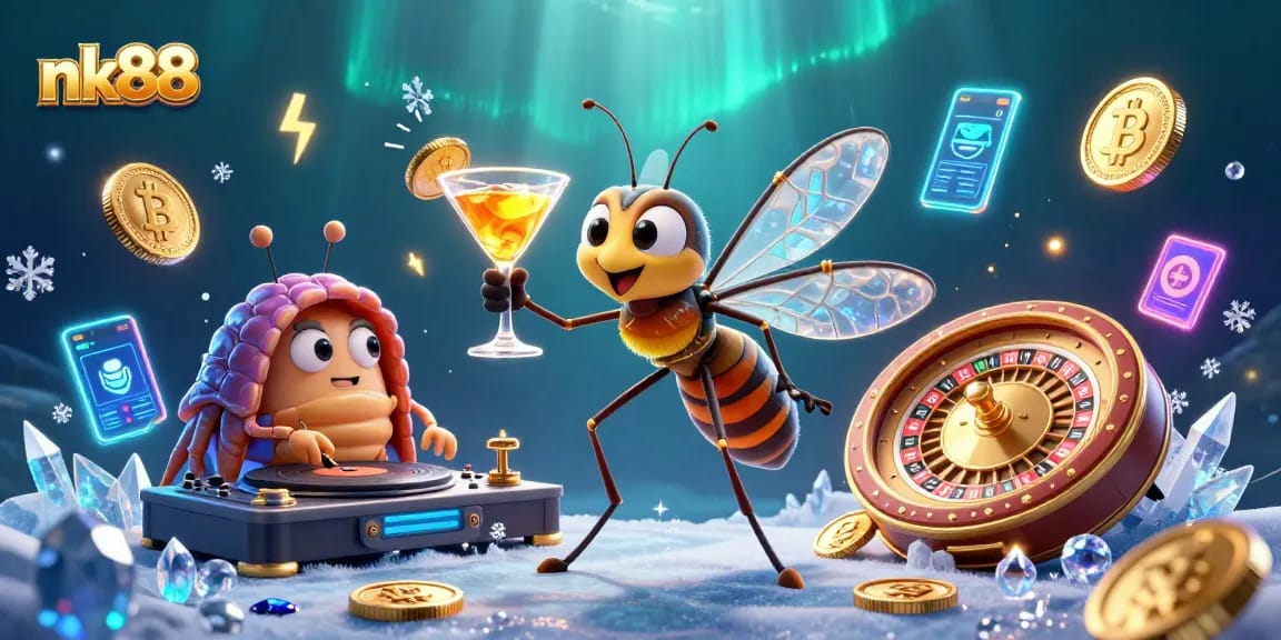 Experience exciting games at nk88 with a vibrant 3D illustration of unique casino characters.