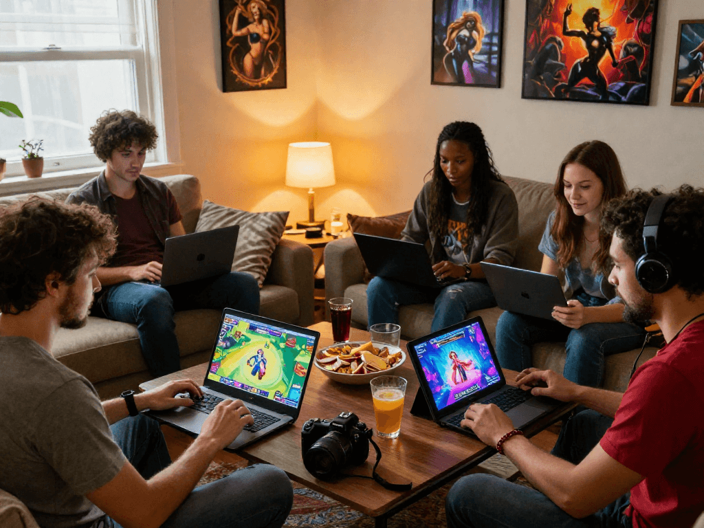 Adults enjoying sex games online in a cozy living room, showcasing immersive gameplay and gaming devices.