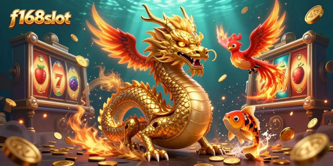 Experience the excitement of f168slot with vibrant graphics featuring a dragon, phoenix, koi fish, and slot symbols in action.