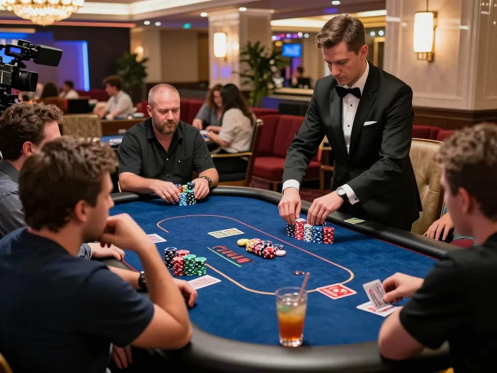 Cwin players engaged in an exciting poker game with colorful chips and professional dealer, highlighting the vibrant casino atmosphere.