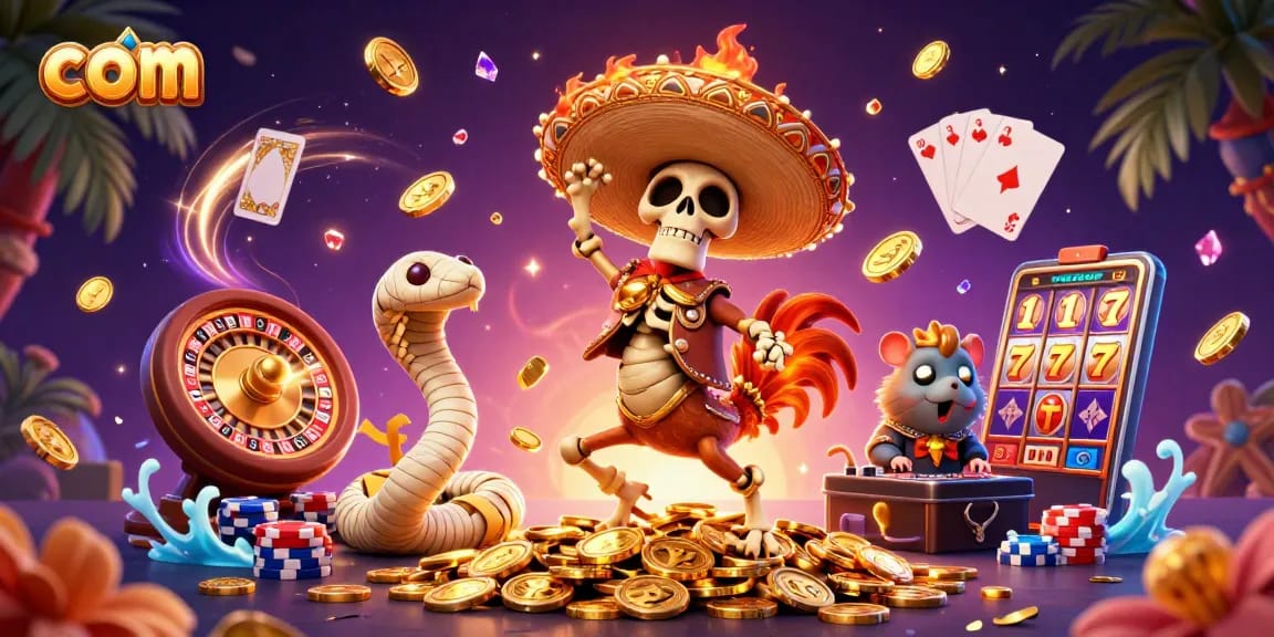 Win at com with a vibrant 3D casino scene featuring characters celebrating around golden coins.