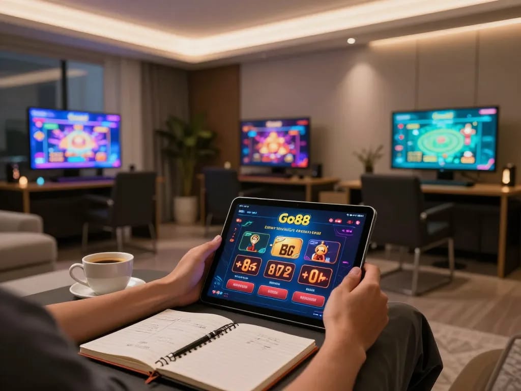 Engaging with Go88's casino app on a stylish tablet during a cozy gaming session at home.