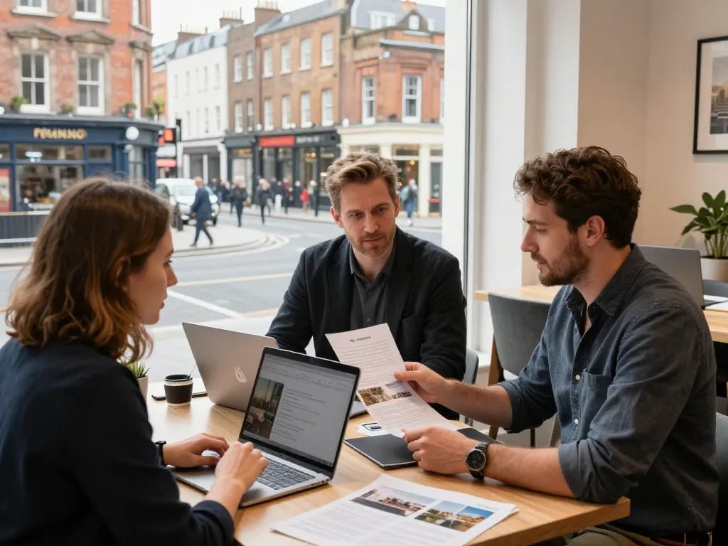 Engaging scene of Airbnb management in Dublin with professionals discussing strategies and showcasing properties.