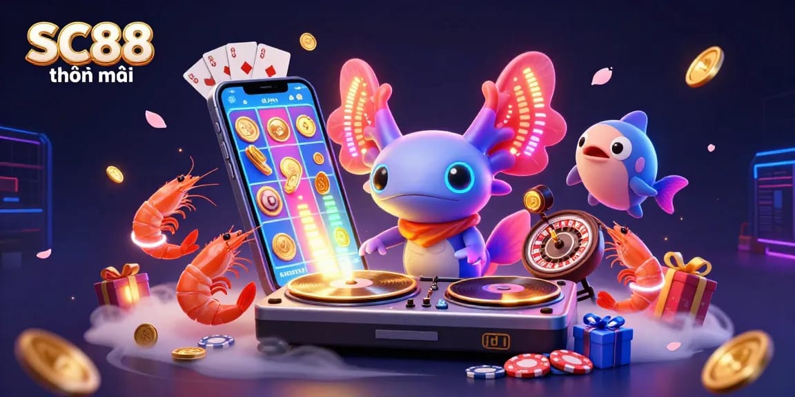 Experience SC88 khuyến mãi with vibrant 3D casino illustration featuring an axolotl DJ, dancing shrimp, and a glowing slot game scene.