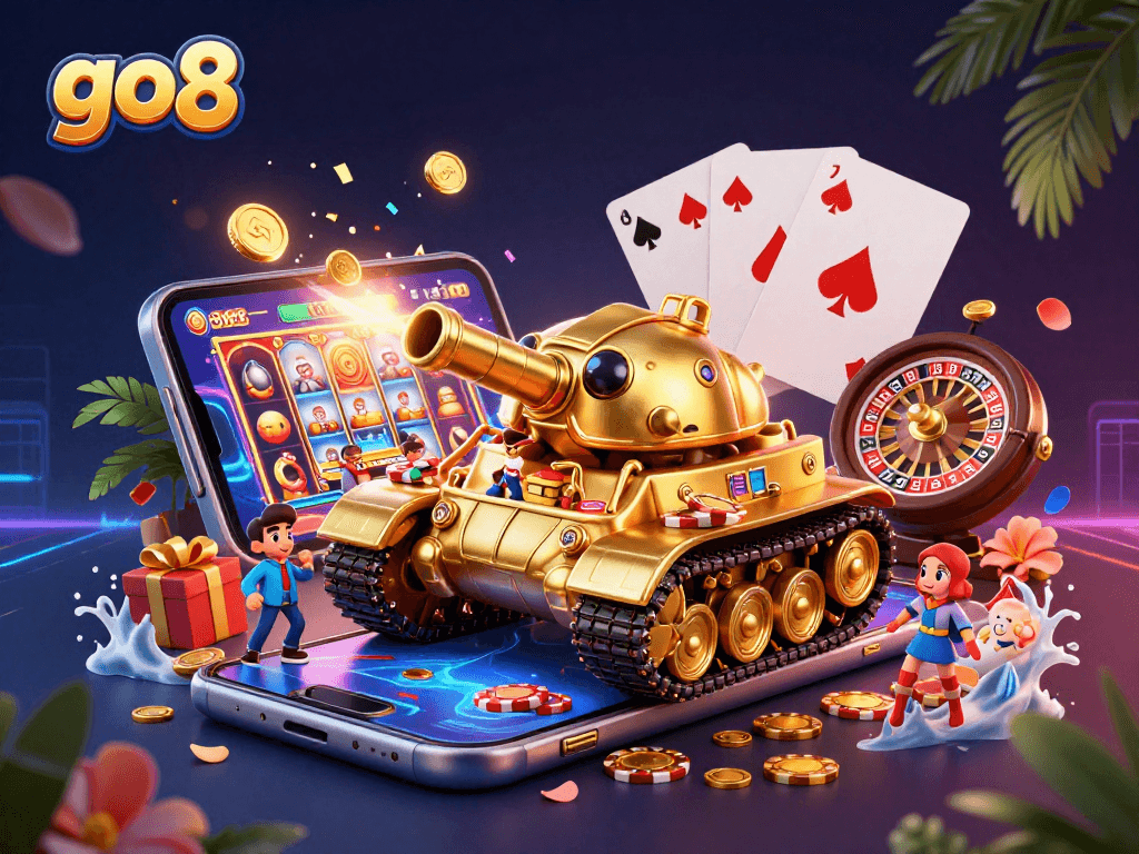 Experience the excitement of GO8 with a colorful casino scene and gold coins erupting from a smartphone.