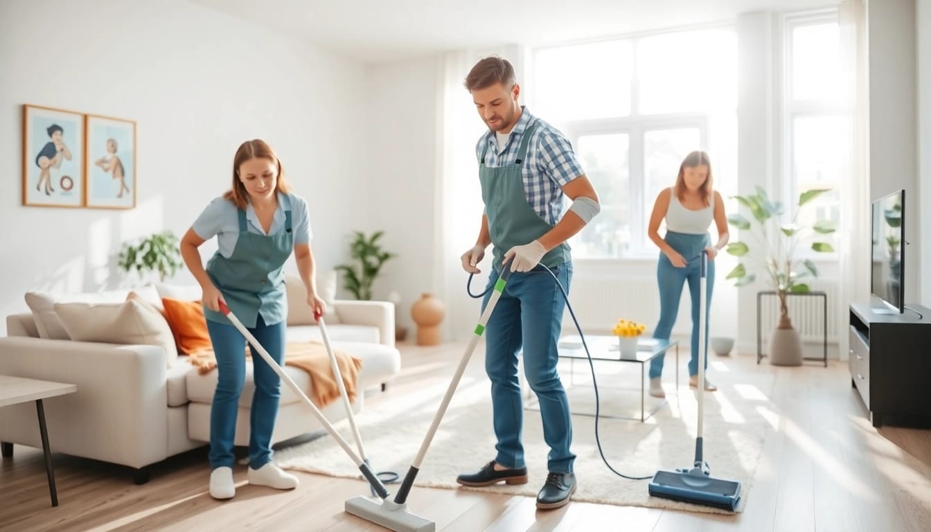 Efficient professionals providing cleaning services calgary in a bright living room.
