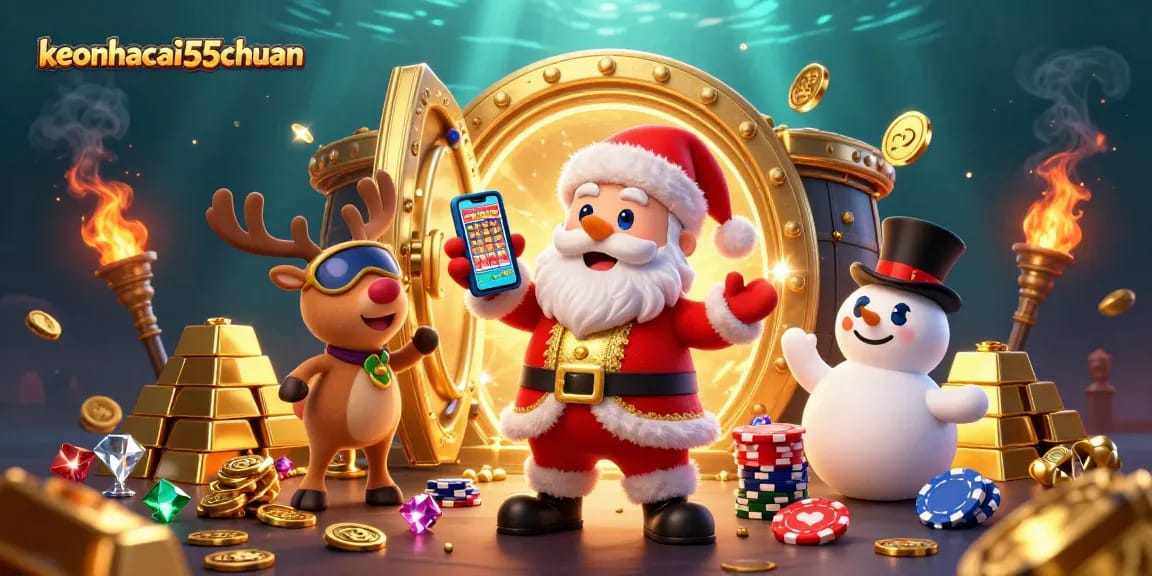 Experience excitement with keonhacai55chuan in a vibrant casino scene full of treasures and festive characters.