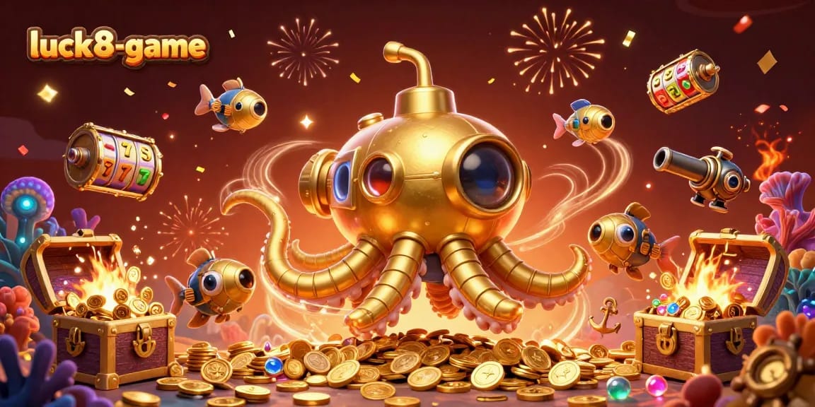 Engage in thrilling luck8-game action with a captivating kraken submarine in a lavish casino scene.