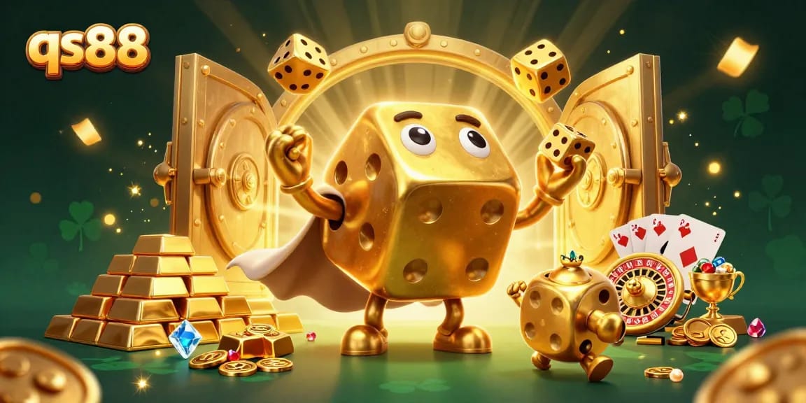 qs88 features golden dice, gambling elements, and colorful gems in a vibrant 3D scene