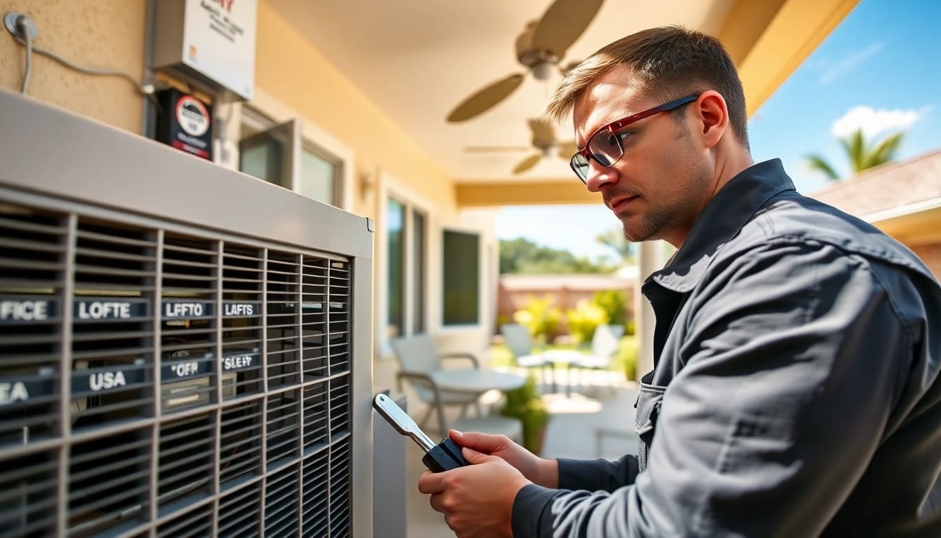 AC Repair Tampa technician assessing an air conditioning unit in a sunny backyard.
