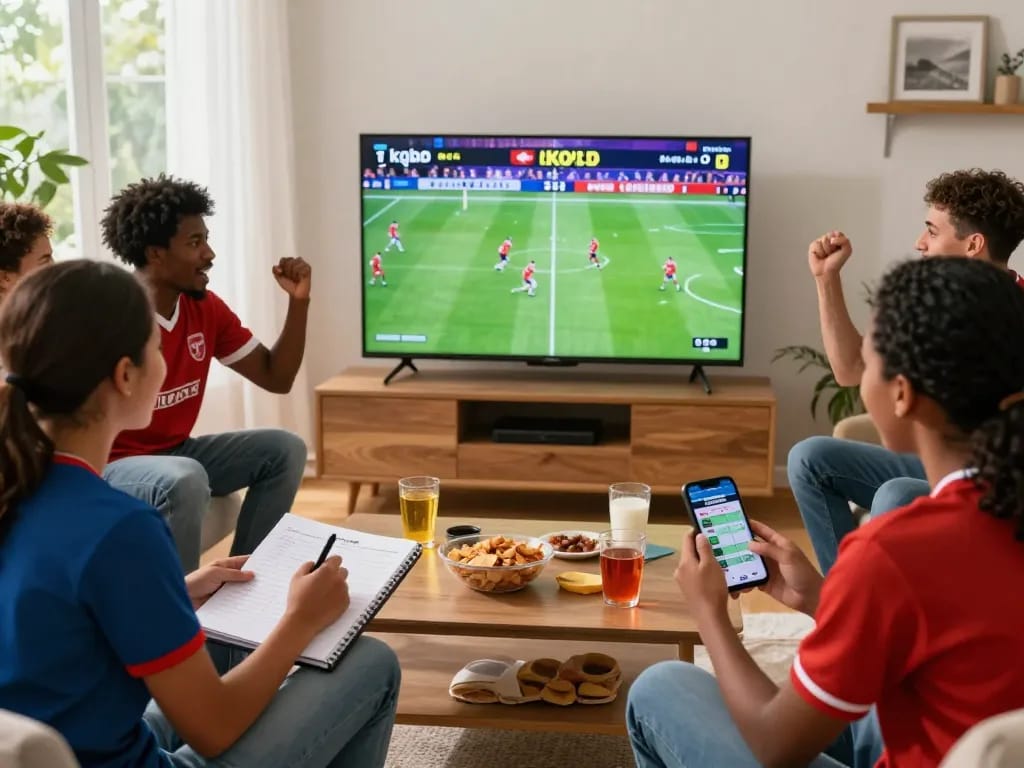 Fans engaging in kqbd football updates, celebrating scores and highlights in a lively living room.