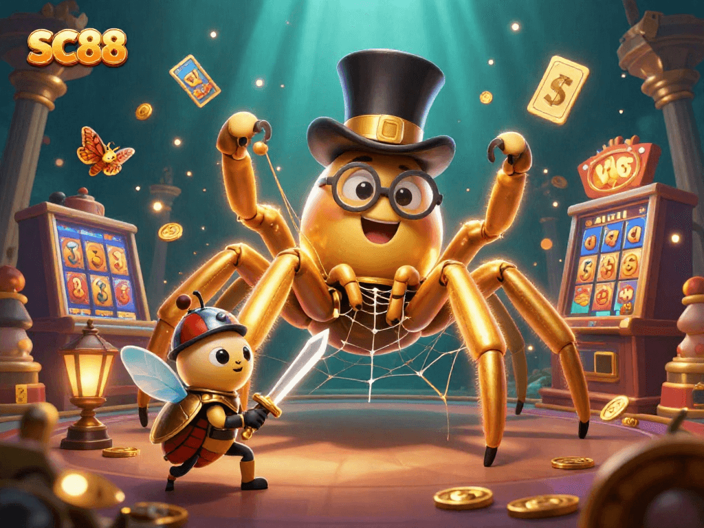 Win big at SC88 as a brave beetle knight battles a golden tarantula in this vibrant gaming scene.