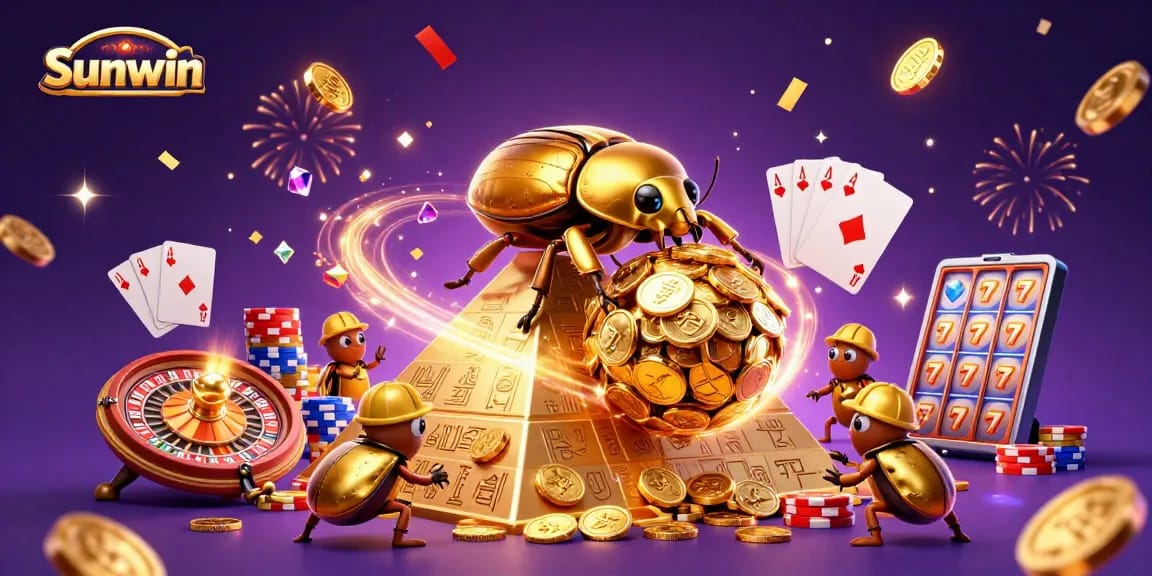 Sunwin captures excitement as golden beetles roll coins up a pyramid in a vibrant casino atmosphere.