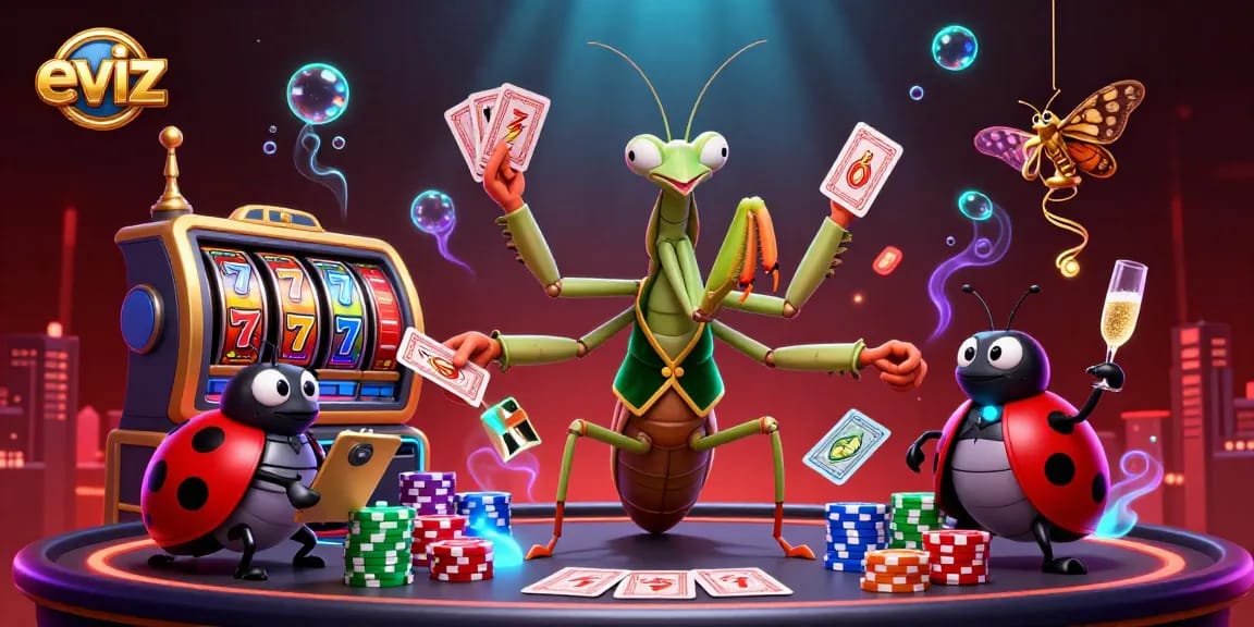 Delve into the exciting world of eviz casinos with a vibrant 3D illustration featuring a card sharp, pit boss, and lively game symbols.