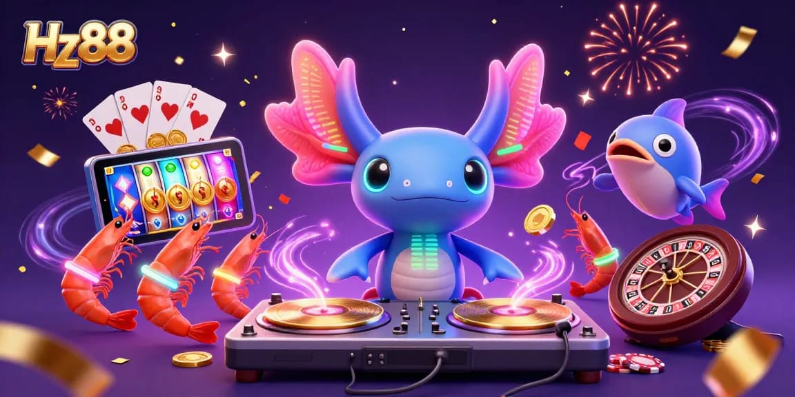 Experience exciting gaming action with Hz88, featuring a lively axolotl DJ and vibrant casino elements.