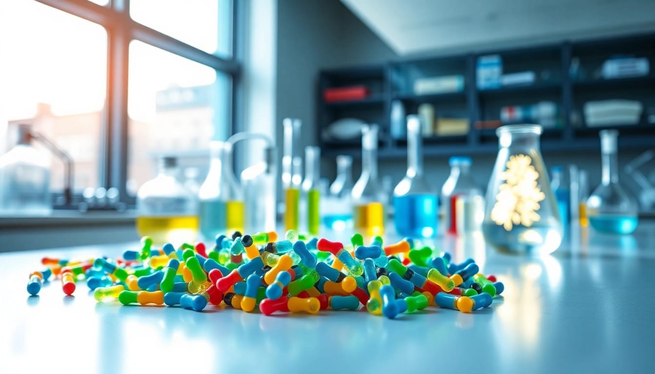 Analyze peptides in a vibrant laboratory showcasing colorful samples and scientific equipment.