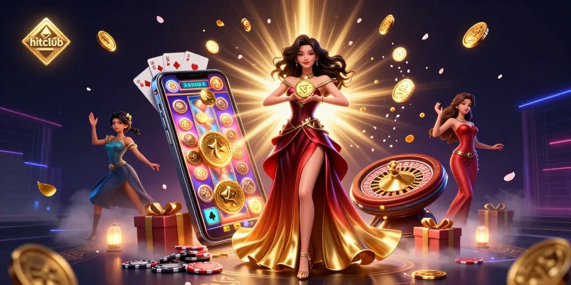 Experience excitement with hitclub as a beautiful woman holds a golden coin surrounded by casino elements.