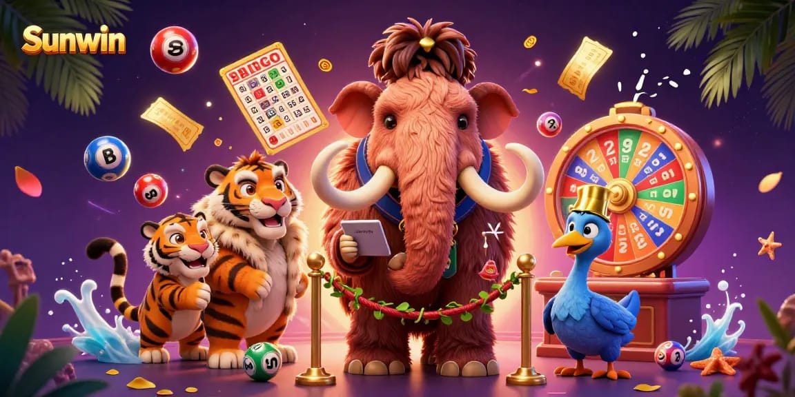 Sunwin casino bouncer checks IDs as a saber-tooth VIP and dodo doorman create a lively gaming atmosphere.