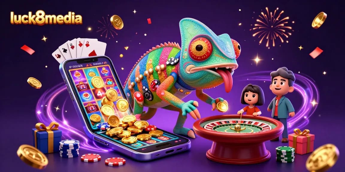 Engage with luck8media’s chameleon-themed casino scene featuring colorful games and dazzling effects.