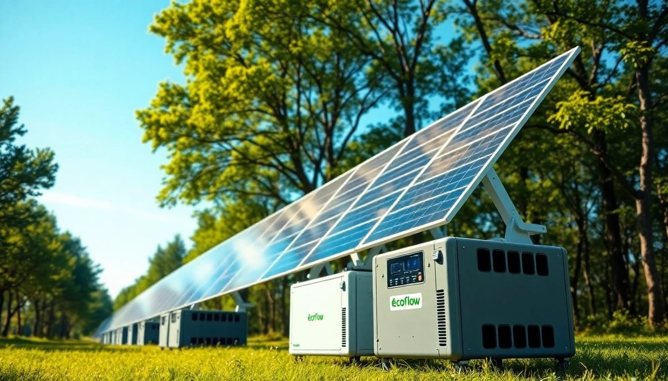 Showcasing EcoFlow portable solar power stations in a sustainable, green setting.