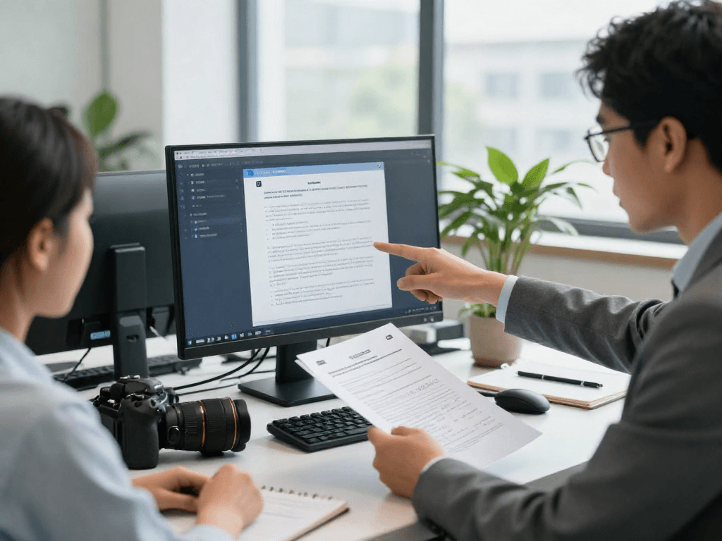 Document fraud detection in a collaborative office environment with professionals analyzing security features on a computer.