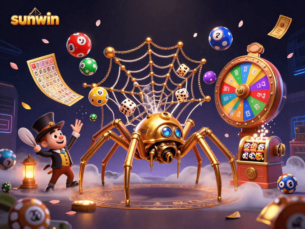Engage with sunwin's vibrant lottery excitement featuring a steampunk spider and dynamic game elements.