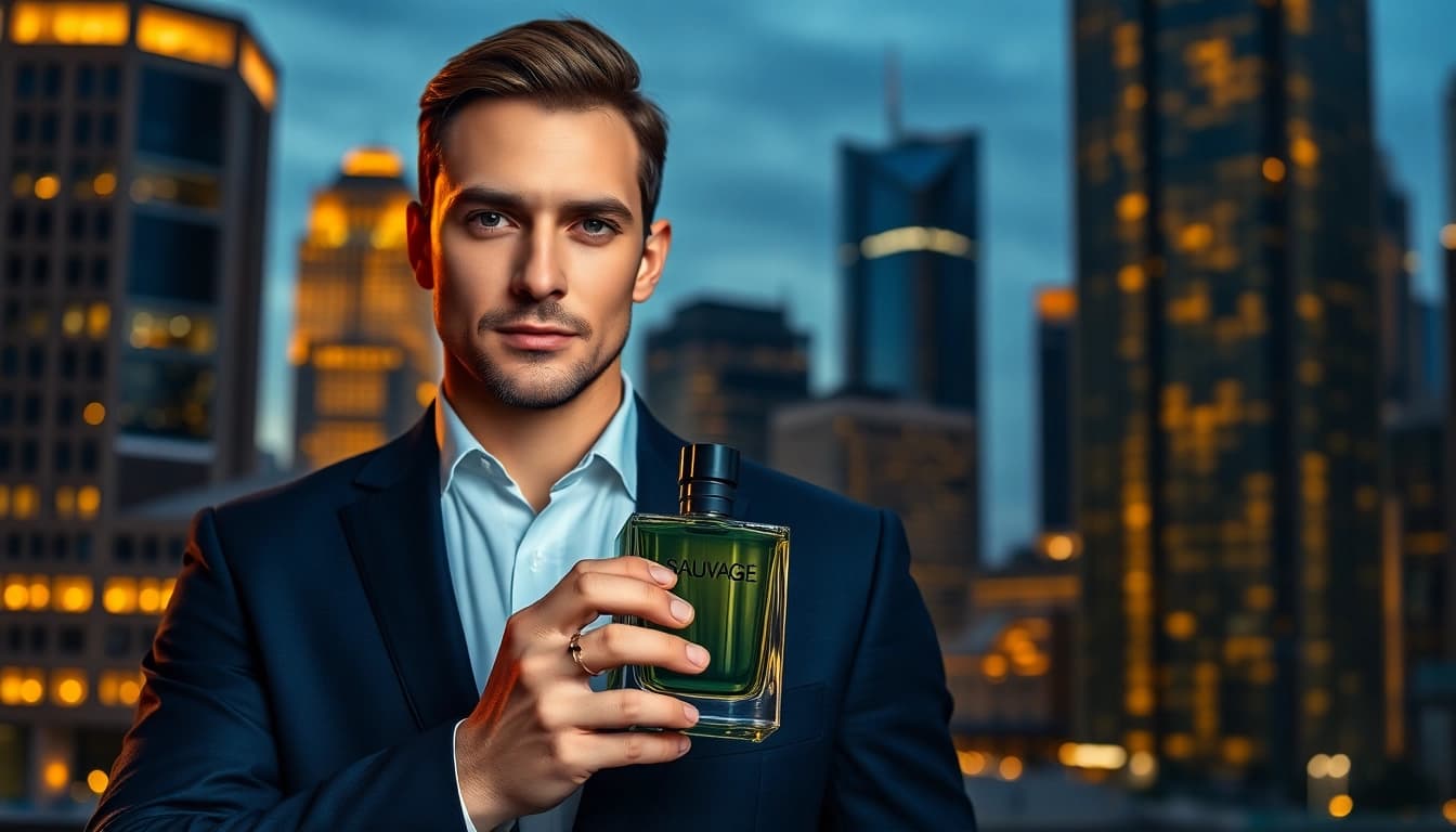 Sauvage fragrance displayed stylishly by a male model in an urban environment.