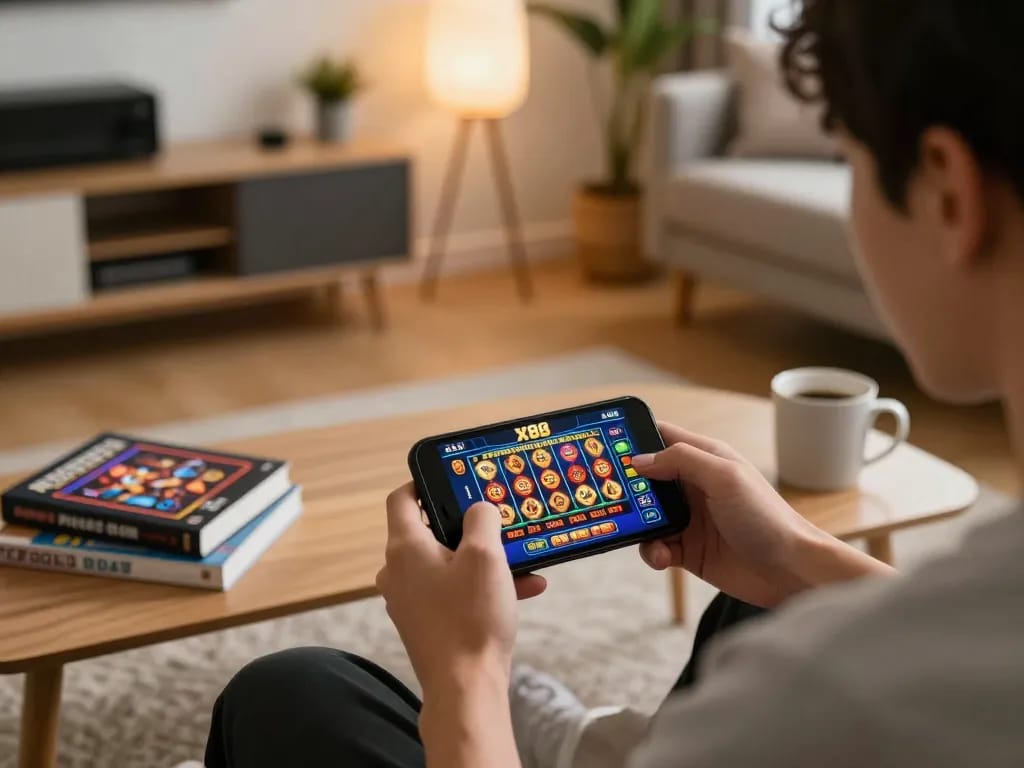 X88 app on smartphone showcasing thrilling live casino game experience in a cozy gaming setup.