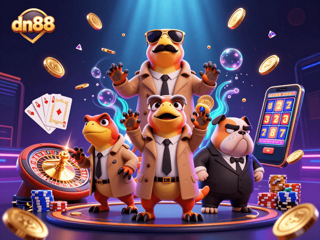 Experience the excitement of dn88 with raptors in a trench coat entering a VIP lounge, surrounded by casino riches.