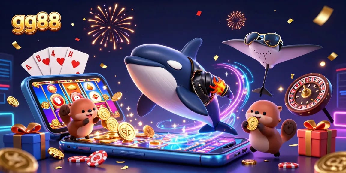 Experience thrilling gaming at gg88 with an exciting 3D casino-inspired illustration.