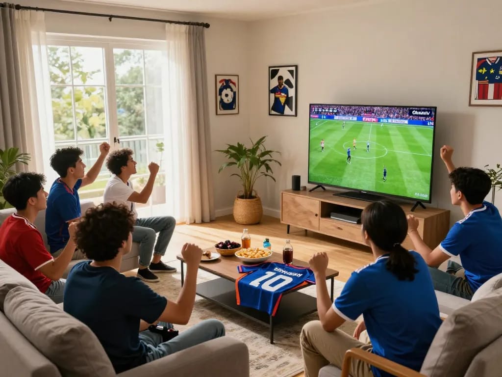 Fans enjoying a live match on Okwintv in a cozy living room setting.