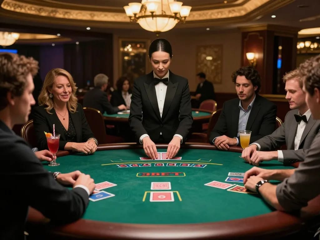 Players strategizing during an engaged blackjack game at 3BET casino table.
