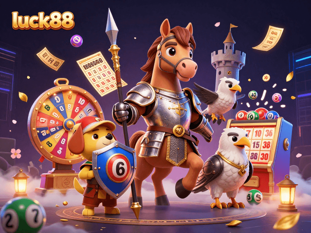 Engage with luck88 through an exhilarating casino scene with medieval characters and vibrant gaming elements.