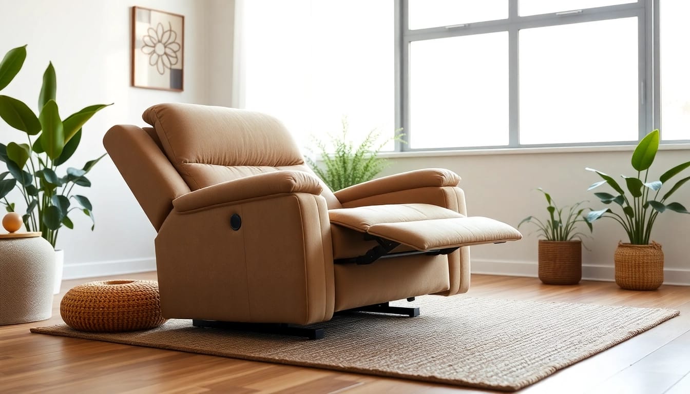 Relaxed setting with a power lift recliner bathed in natural light, showcasing its design and comfort.
