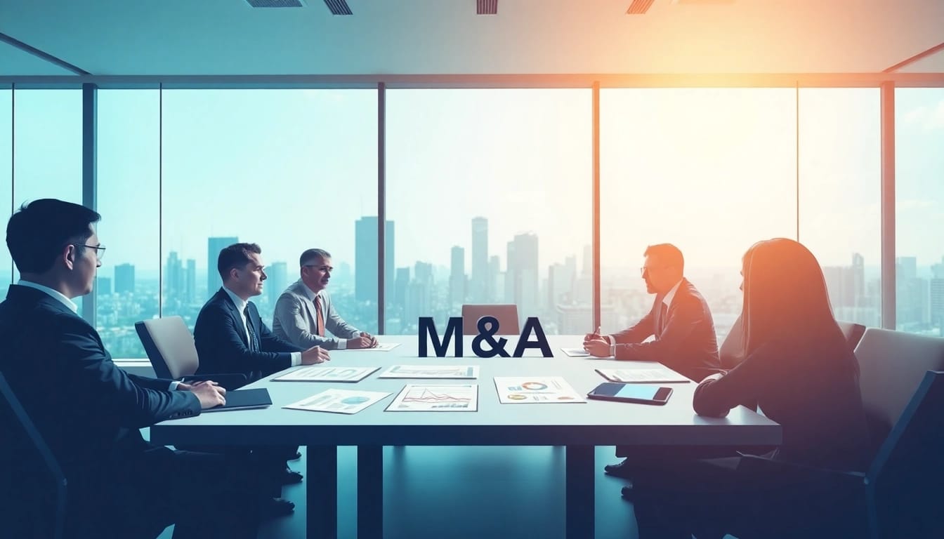 M&A 협상 중인 비즈니스 전문가들, 현대 사무실 배경 속 논의하는 모습