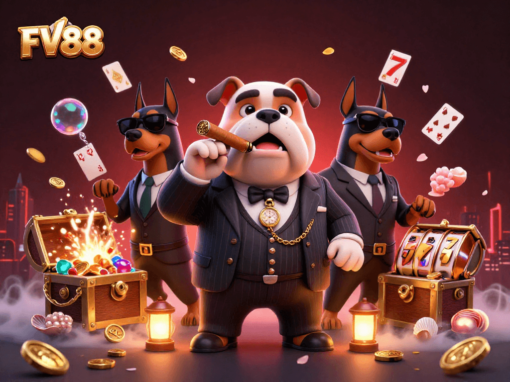 Engage in winning strategies at FV88, featuring a mafia boss bulldog and dynamic casino elements.