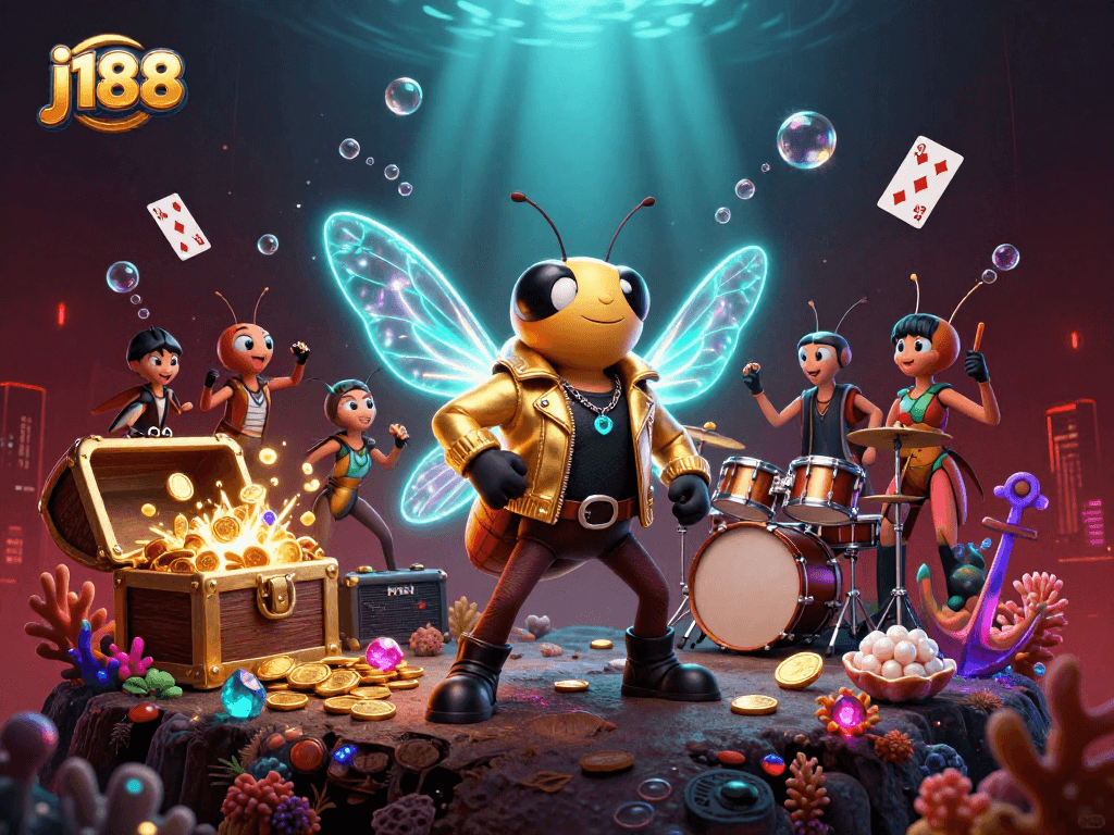 Join the action at j188 with a vibrant underwater scene featuring games and treasures of the casino.
